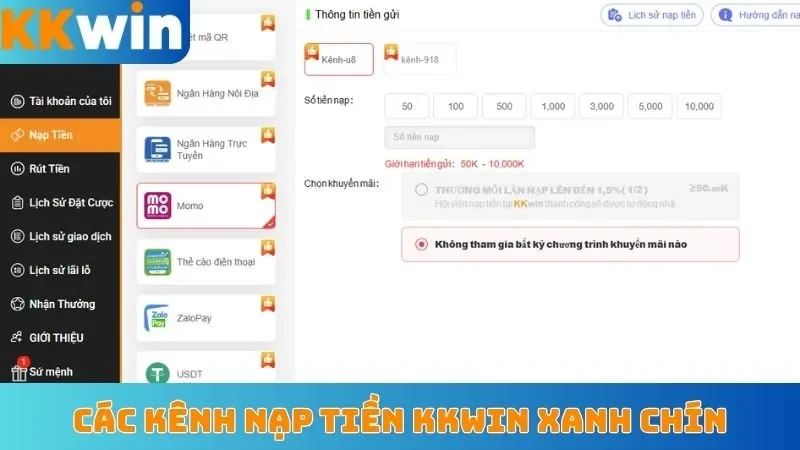 Các kênh nạp tiền KKWin xanh chín